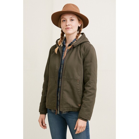 Ariat Jacket Womens XL Taupe Full Zip Sherpa Lined Hooded Western Rodeo Coat - Picture 1 of 15